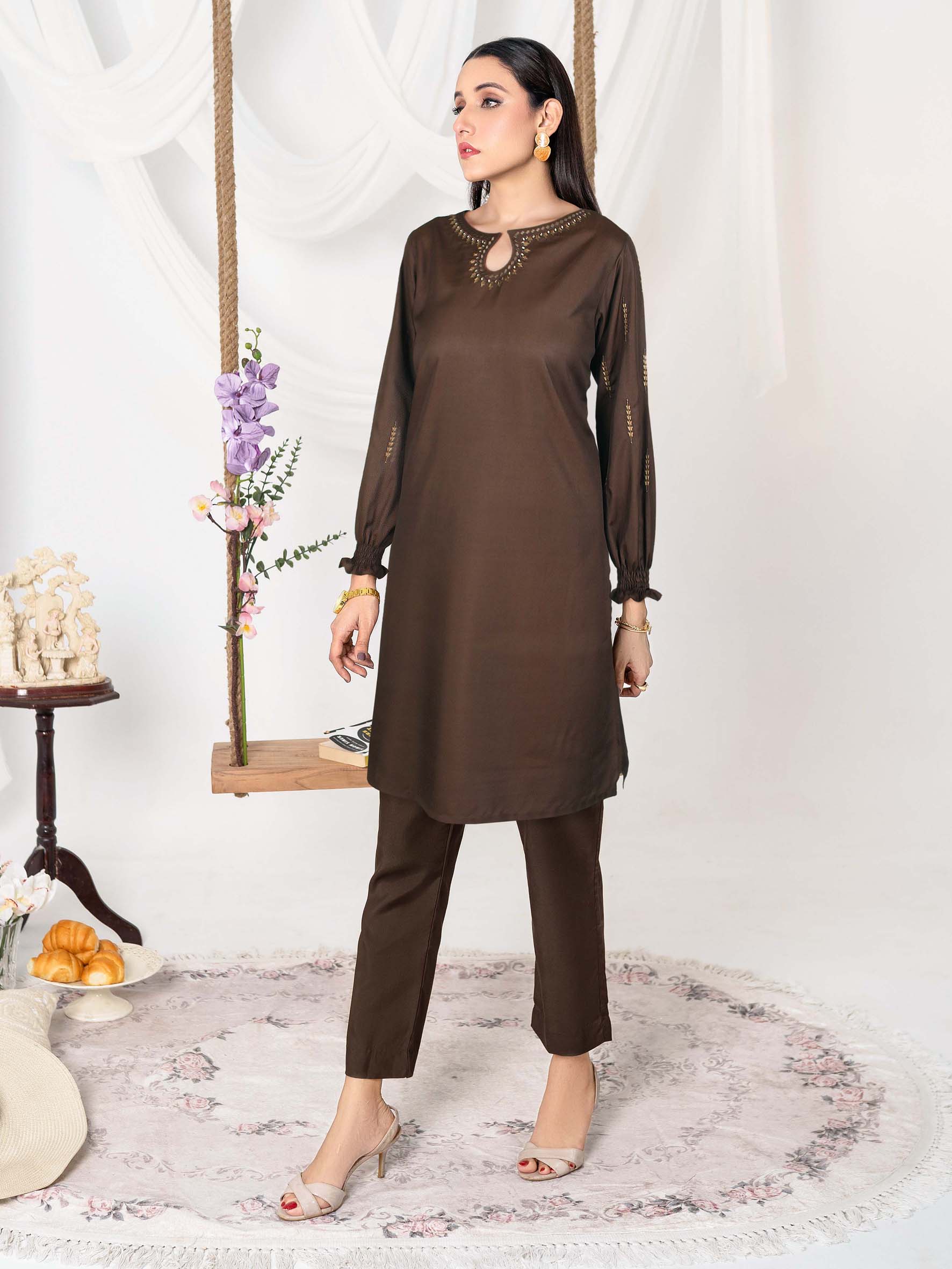 Brown Women 2Pcs Stitched Suit (All Season) VW15-B