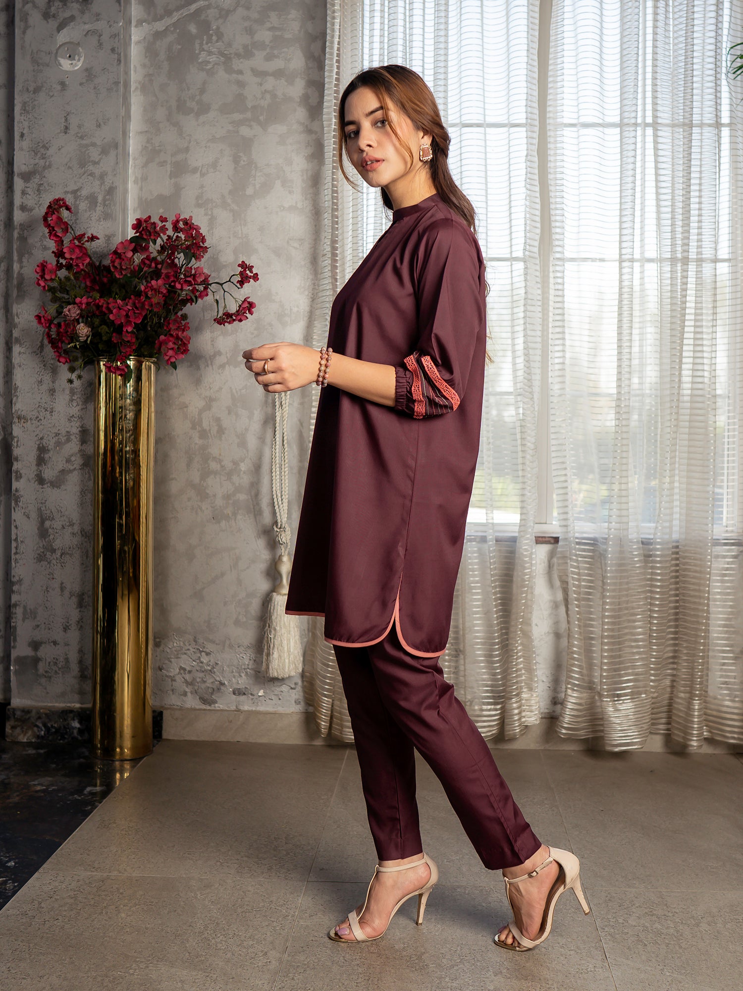 Burgundy Women 2Pcs Stitched Suit (All Season) VW13-A