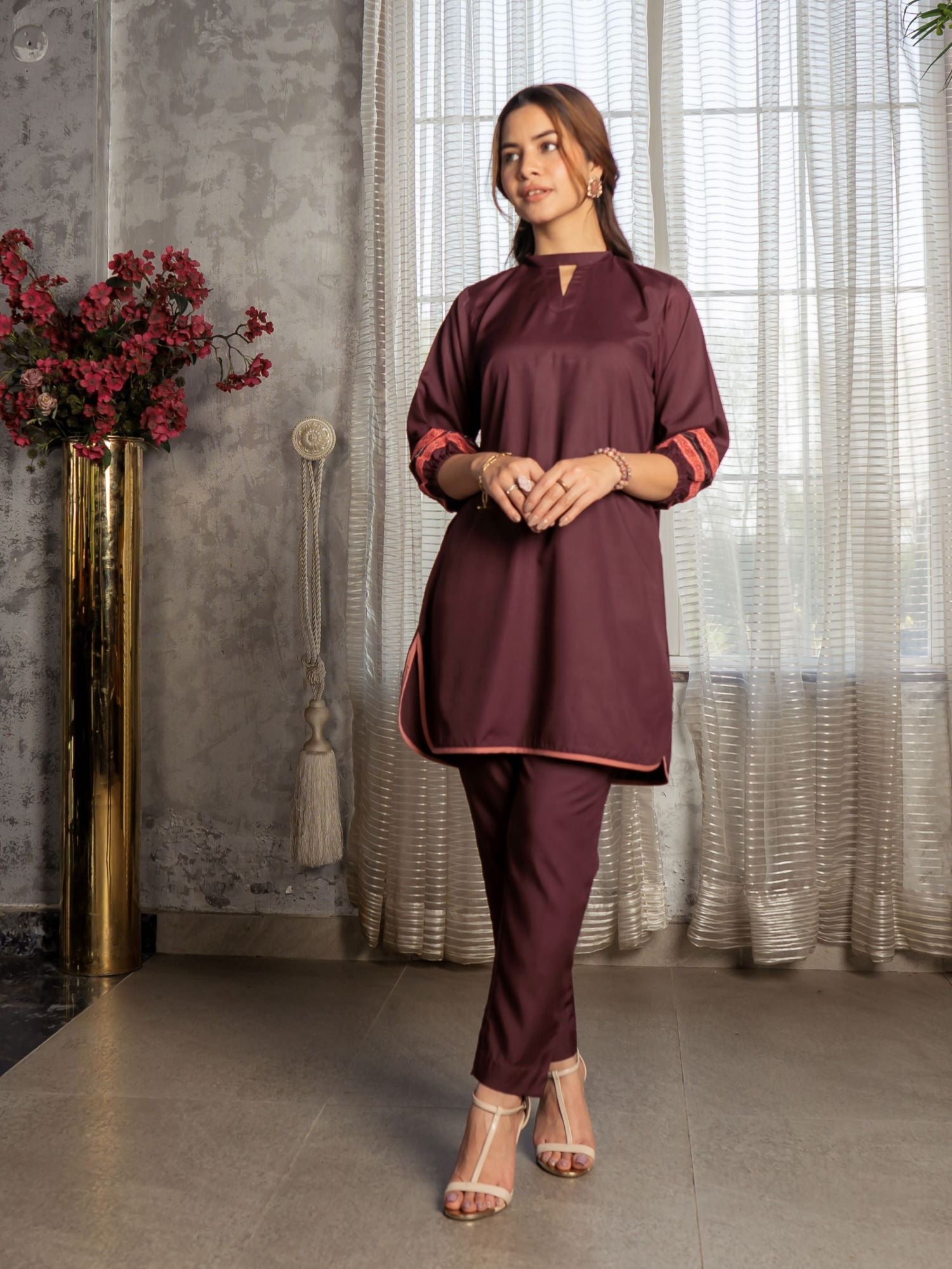 Burgundy Women 2Pcs Stitched Suit (All Season) VW13-A